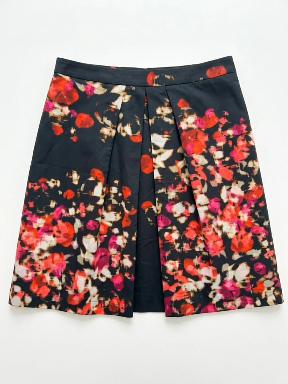 L K Bennett Black Floral Pleated A-Line Skirt - Pink & Red Print